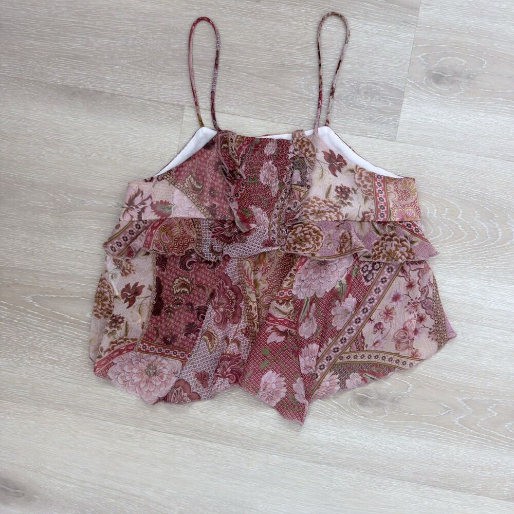Patchwork Floral Ruffle Tiered Cami Top S MNG Mango Boho Smocked Peplum Summer - Picture 12 of 16